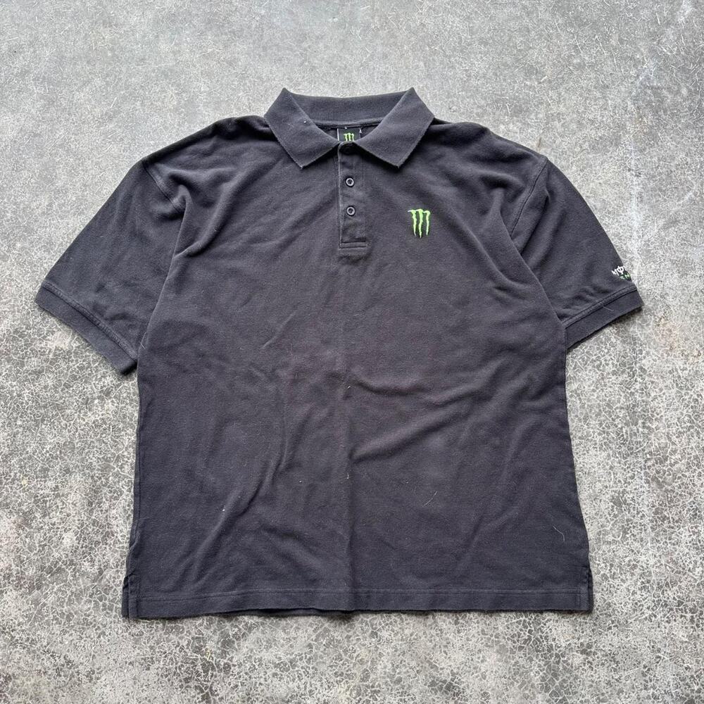 Y2K 2000s Monster Energy Embroidered Grunge Black Polo Shirt